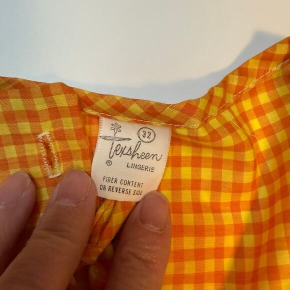 Vintage Texsheen Gingham House Dress 32 Yellow Orange Cottagecore Picniccore - Picture 3 of 8